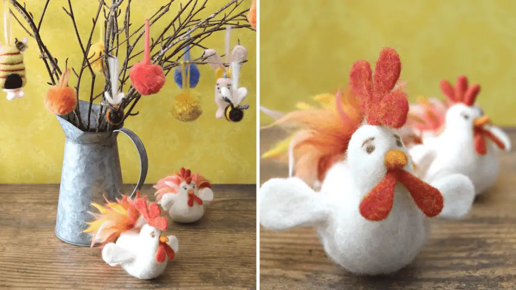 A charming display featuring handmade felt chickens with colorful details in a rustic setting. a pitcher holds branches with hanging bees and sheep, against a mustard yellow backdrop.