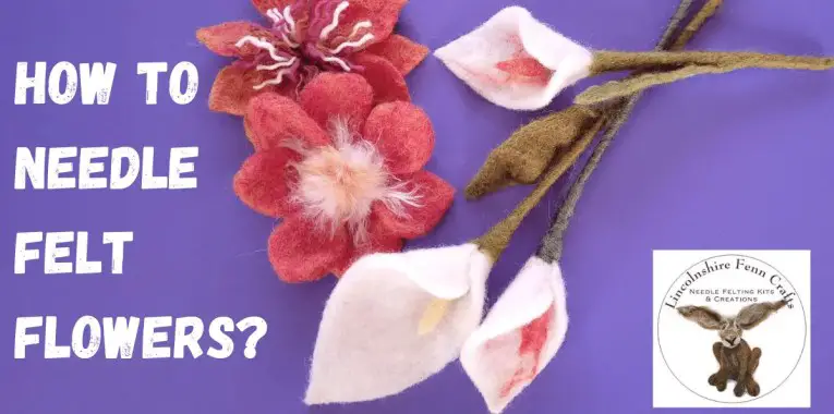 This image displays text "how to needle felt flowers?" on a purple background with needle-felted flowers in various shades of pink and white, and a small instructional book cover at the bottom right.