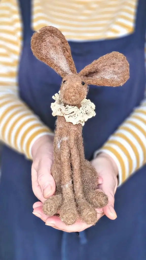 Image shows a tall needle felted hare as an example of what can be needle felted.