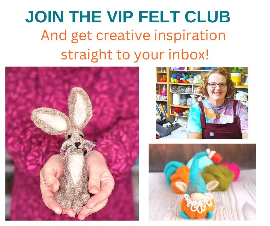 Promotional image for VIP needle felting club featuring a woman in an apron, a close-up of hands holding a felt rabbit, and a display of colorful felt crafts. Text invites creative inspiration.