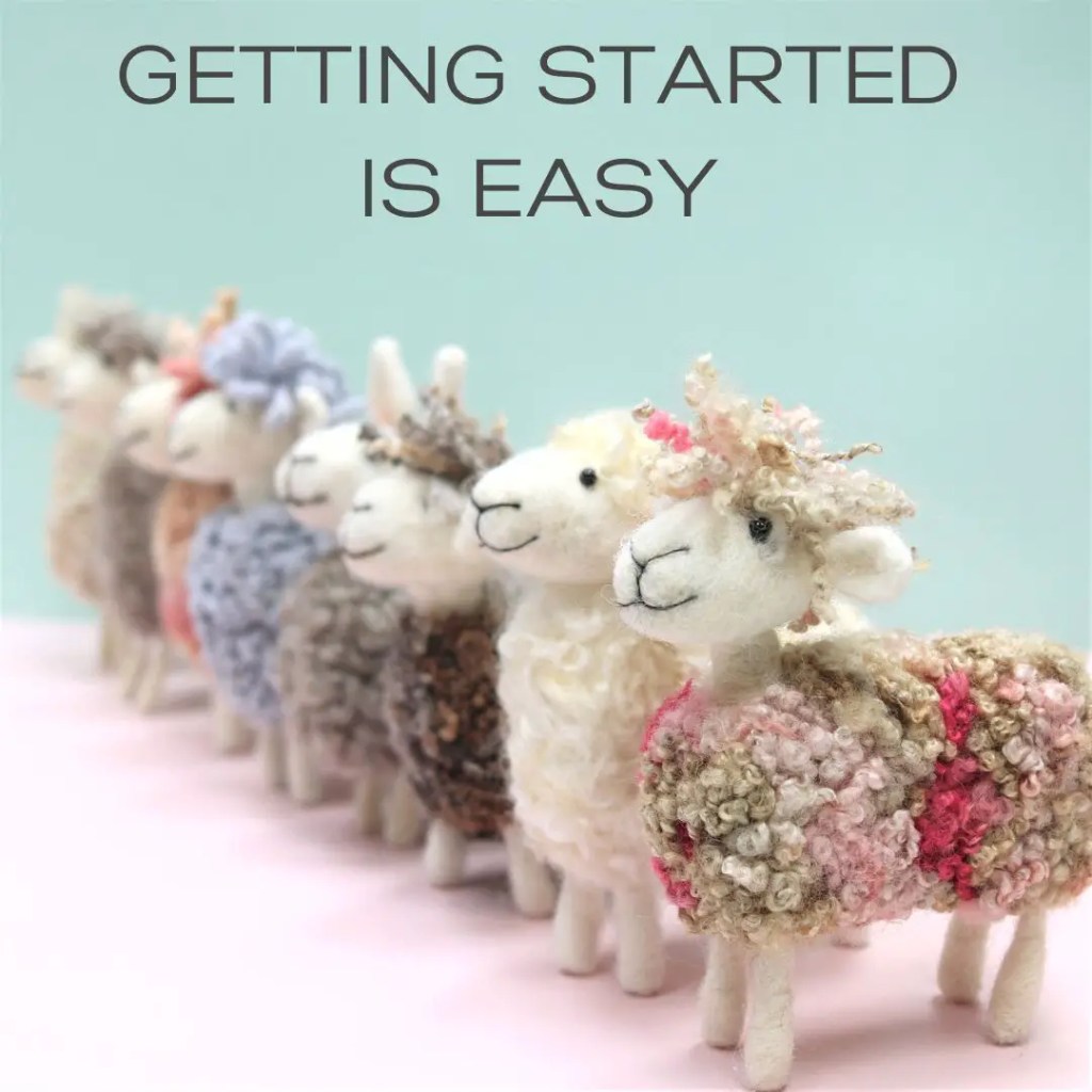 A line of five cute, handmade sheep, each with distinct, colorful woolen coats crafted through needle felting, standing against a soft green and pink background with the text "getting started is easy