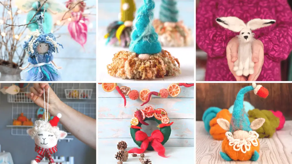 Image shows cute needle felted Christmas decorations. DIY Christmas wreath, bauble, gnomes and fairies