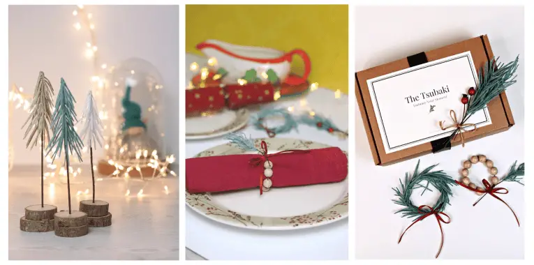 A holiday-themed triptych featuring a cozy scene with tabletop trees and lights, a festive place setting with red accents, and an elegantly presented invitation titled "the ishikaki.