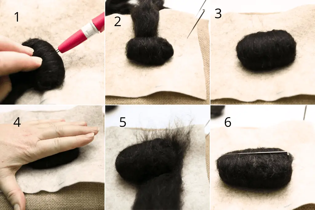 A step-by-step visual guide showing the process of needle felting a black wool object. each of the six images depicts different stages, from shaping the wool with a felting needle to the completed form.