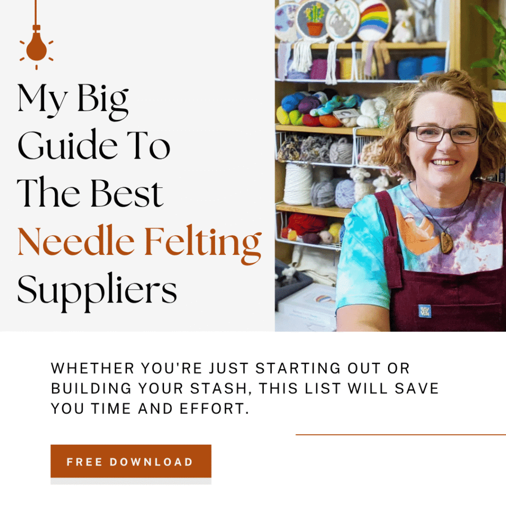 A smiling woman in a colorful shirt and maroon apron sits by shelves of wool, with text: "Guide To the Best Needle Felting Suppliers" and a button below that says "Free Download".